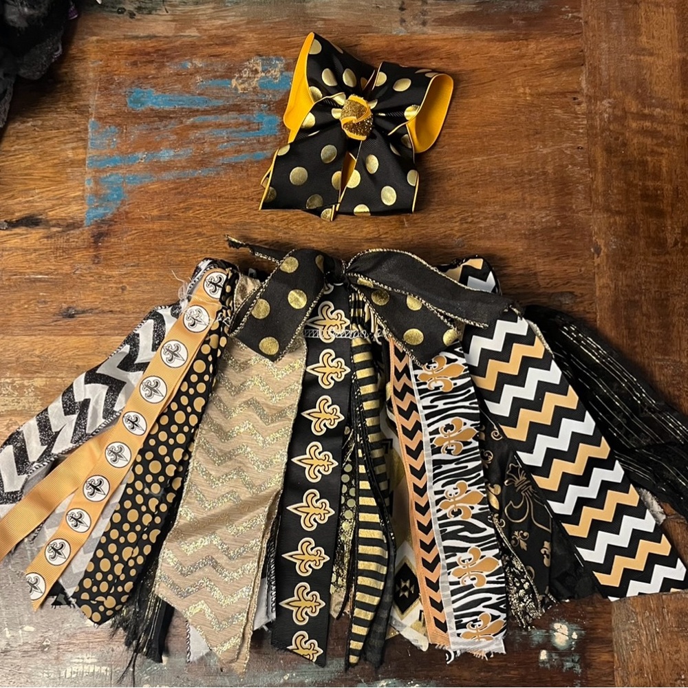 Handmade Saints skirt made with ribbons and matching bow.